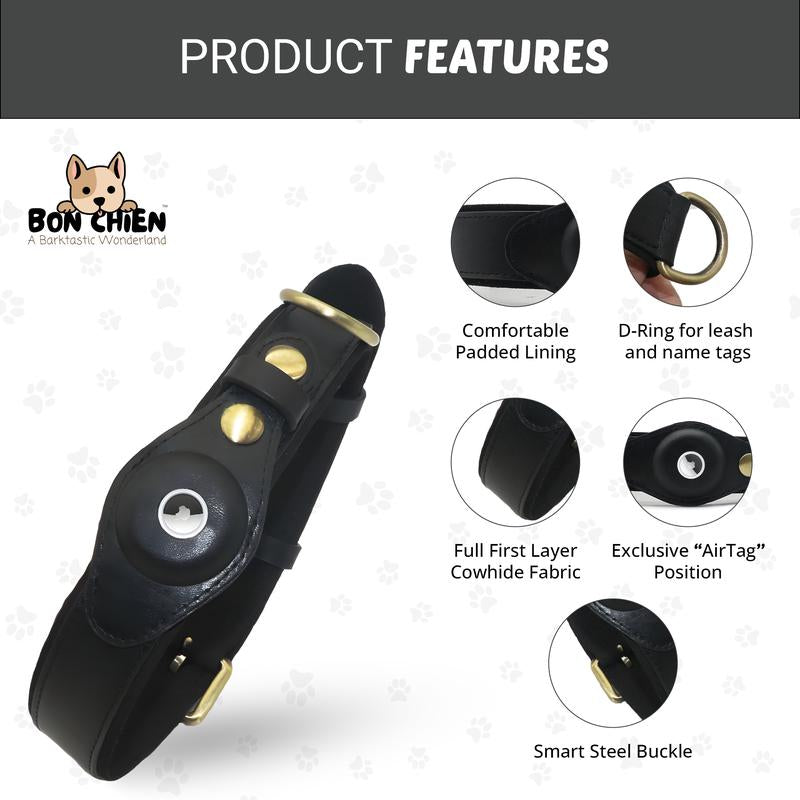 Bon Chien Leather Dog Collar with Apple Airtag Holder- Secure and Track Your Beloved Pets-Premium Pet Accessory for Dogs- Waterproof and Adjustable Dog Collar