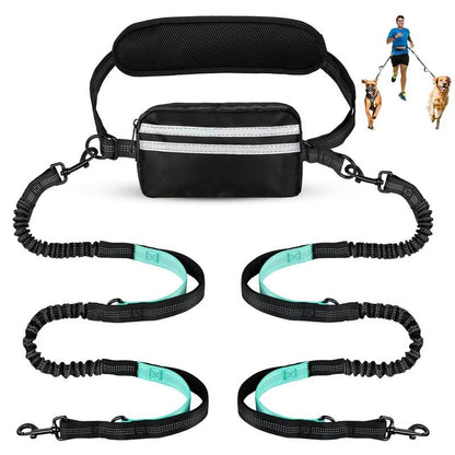Hands Free Dog Leash with Pouch, Double Leash for Two Dogs, Retractable Bungee with Double Padded Handles, Dog Waist for Dog Walking, Running for Dogs, Dog Walking Accessories