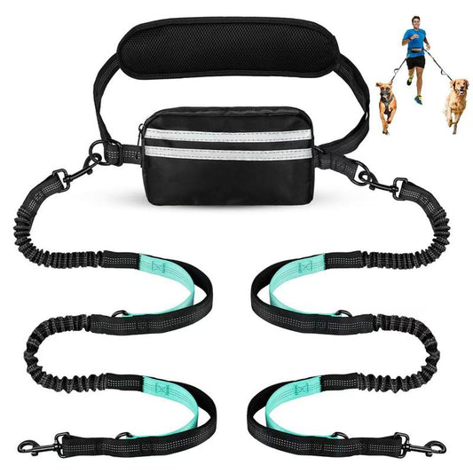 Hands Free Dog Leash with Pouch, Double Leash for Two Dogs, Retractable Bungee with Double Padded Handles, Dog Waist for Dog Walking, Running for Dogs, Dog Walking Accessories
