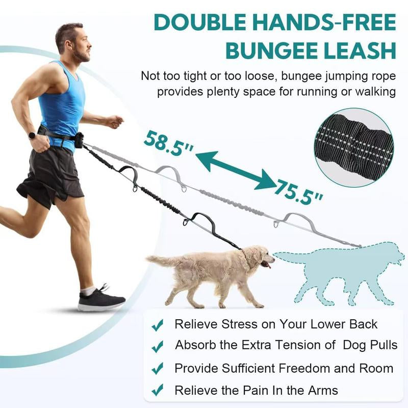 Hands Free Dog Leash with Pouch, Double Leash for Two Dogs, Retractable Bungee with Double Padded Handles, Dog Waist for Dog Walking, Running for Dogs, Dog Walking Accessories