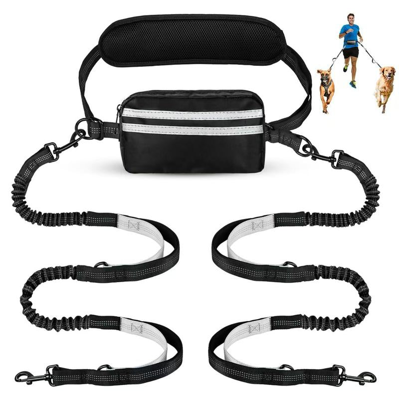 Hands Free Dog Leash with Pouch, Double Leash for Two Dogs, Retractable Bungee with Double Padded Handles, Dog Waist for Dog Walking, Running for Dogs, Dog Walking Accessories