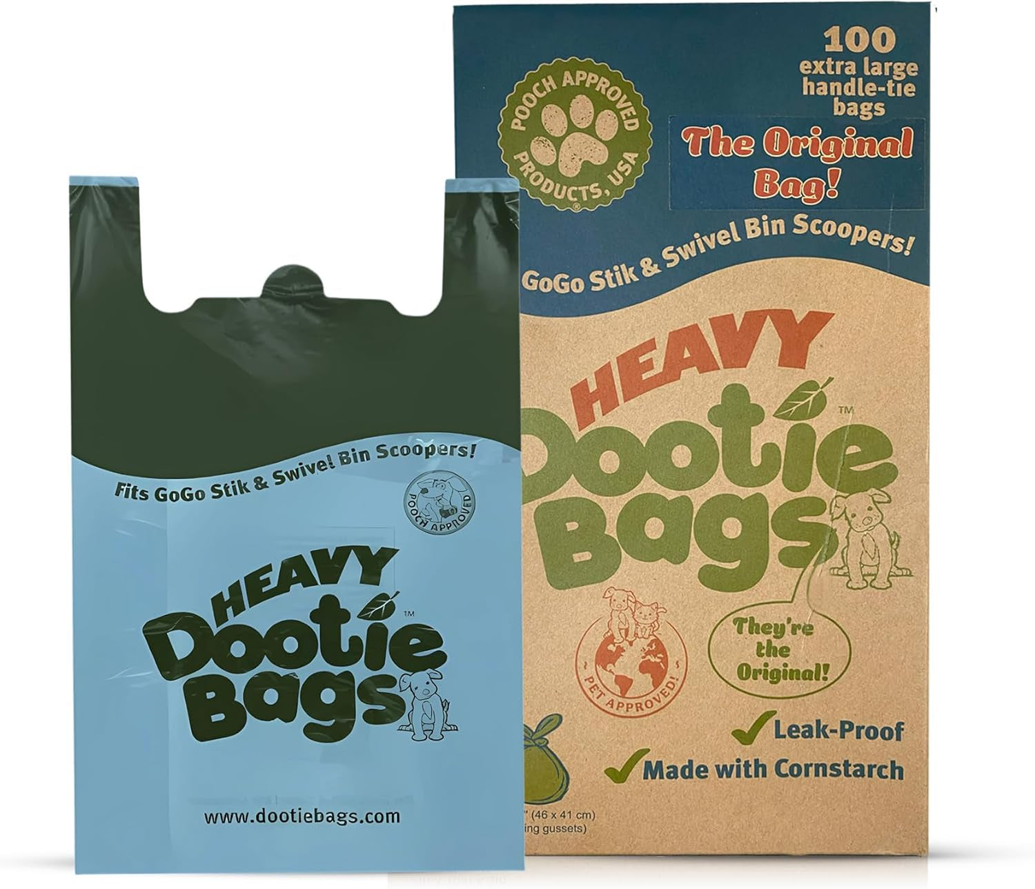 HEAVY Dootie Bags with EZ Tie Handles. Clean and Convenient for Pet Dog Poop, Cat Litter. Multi-Use. Great for Swivel Bin and  Scoopers. Made with Cornstarch. Strong, Leakproof and Very Large