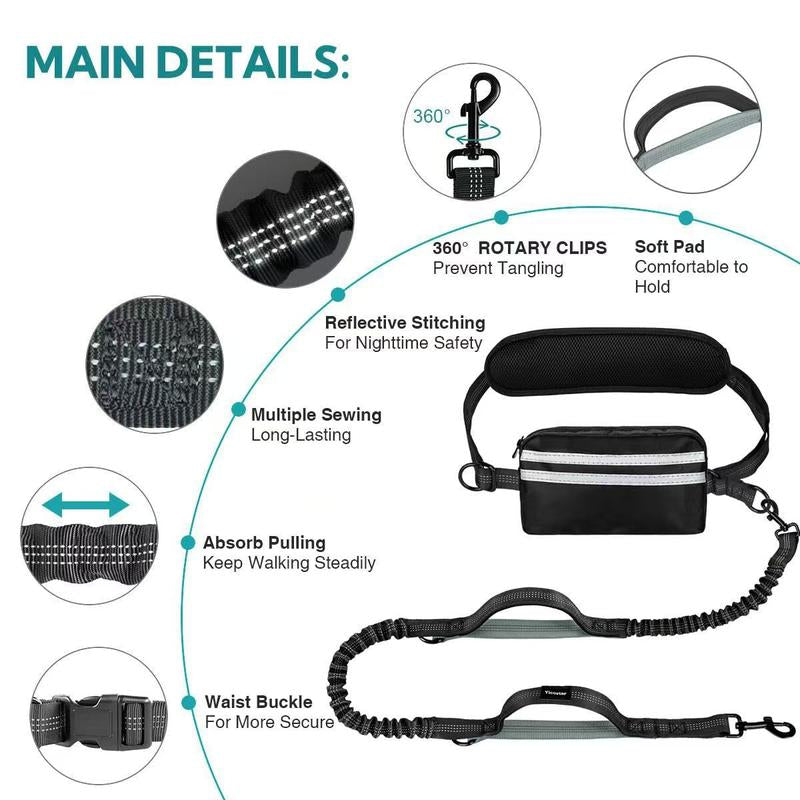 Hands Free Dog Leash with Pouch, Double Leash for Two Dogs, Retractable Bungee with Double Padded Handles, Dog Waist for Dog Walking, Running for Dogs, Dog Walking Accessories