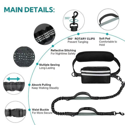 Hands Free Dog Leash with Pouch, Double Leash for Two Dogs, Retractable Bungee with Double Padded Handles, Dog Waist for Dog Walking, Running for Dogs, Dog Walking Accessories