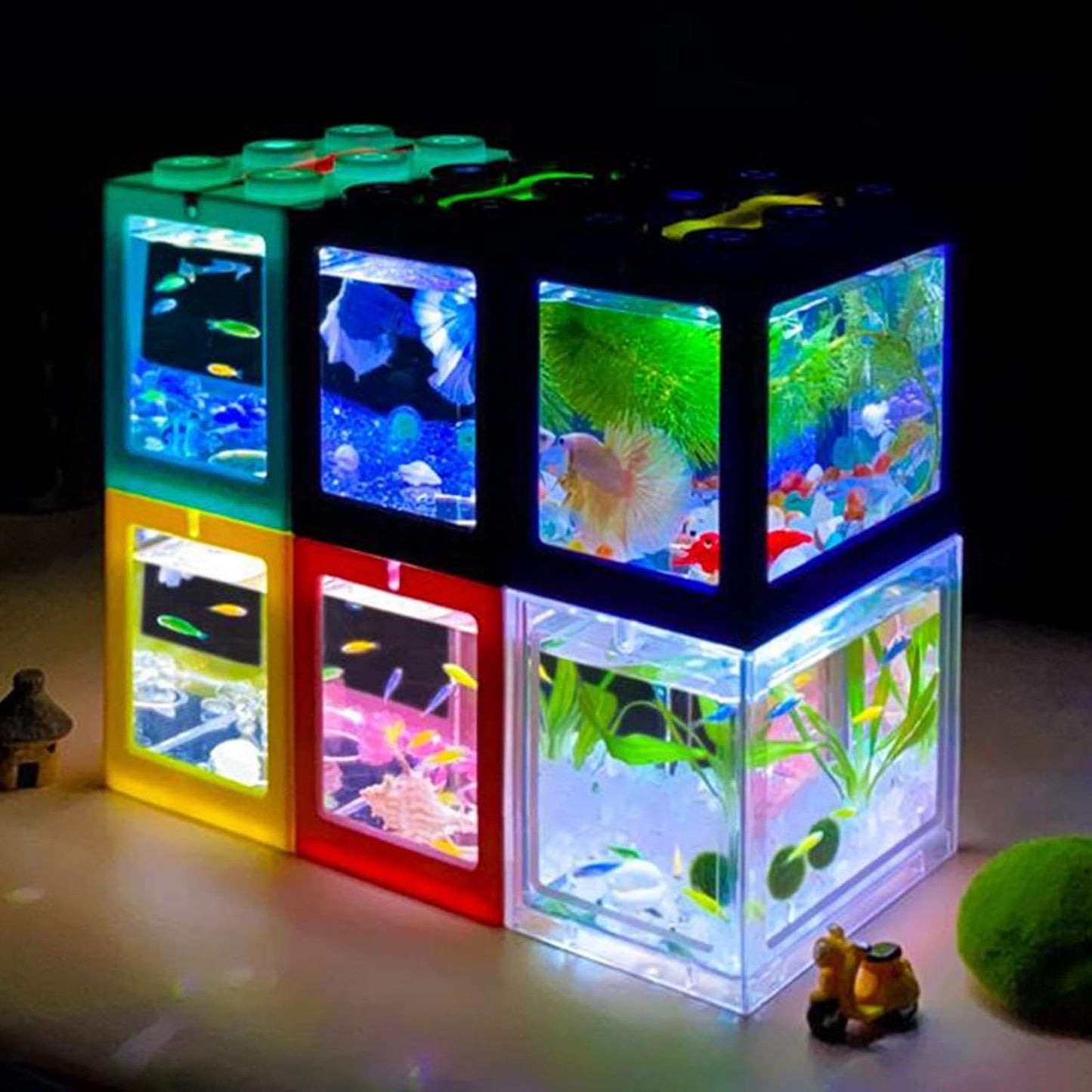 Mini Fish Tanks Betta Fish Tank Aquarium Tank Building Block Fish Bowl Office Table Decoration Home Decor LED Light Feeding Box - Black