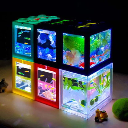 Mini Fish Tanks Betta Fish Tank Aquarium Tank Building Block Fish Bowl Office Table Decoration Home Decor LED Light Feeding Box - Black