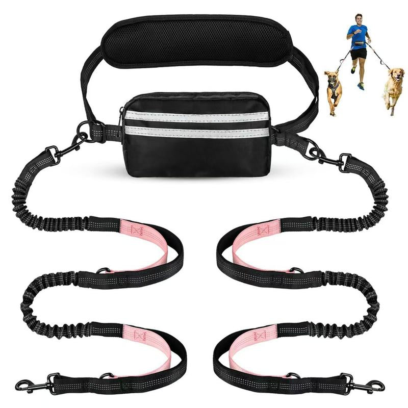 Hands Free Dog Leash with Pouch, Double Leash for Two Dogs, Retractable Bungee with Double Padded Handles, Dog Waist for Dog Walking, Running for Dogs, Dog Walking Accessories